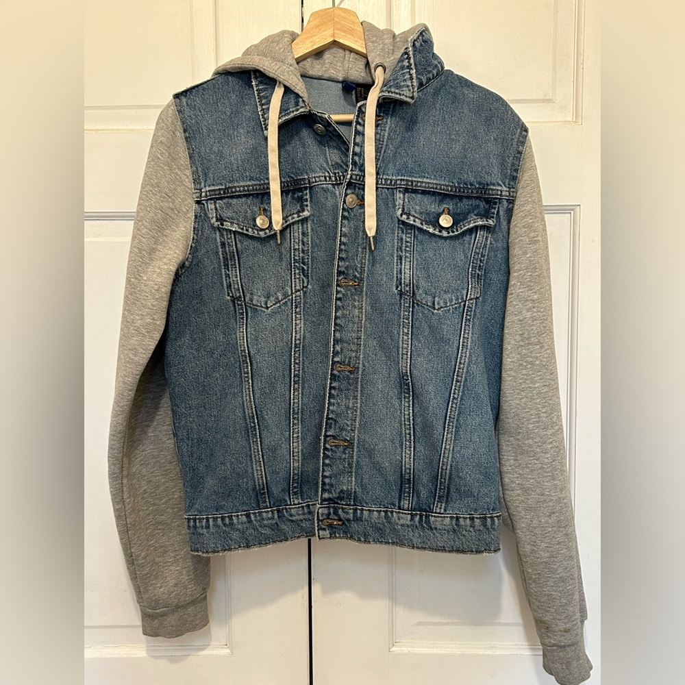 Unisex Blue Denim Jacket with grey hood